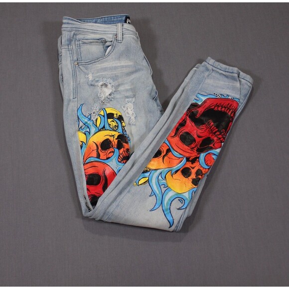 MOTIVE DENIM JEANS Blue Skull Graphic Rhinestone Print Stretch Tag 32X32 (32X31) - Picture 13 of 15